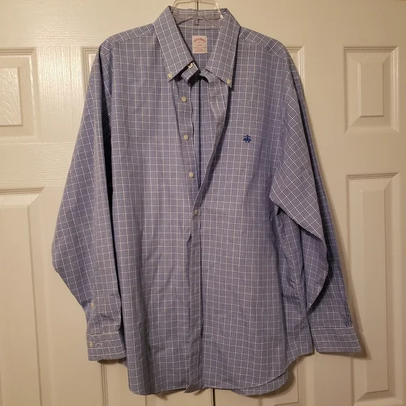 Brooks Brothers 346 Men's Blue & White Check Cotton Casual Shirt XL XLarge - Picture 1 of 6